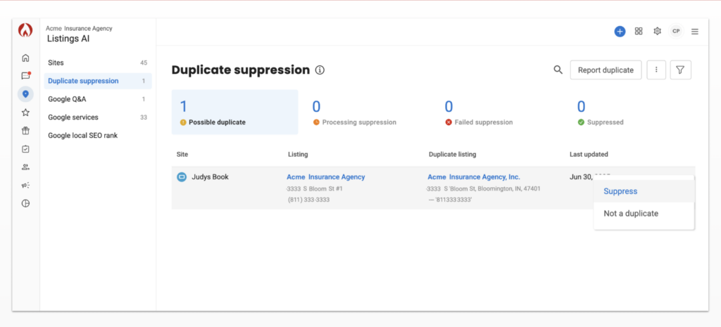 Example of BrightFire's Local Listing Management Dashboard